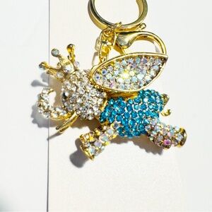 Natasha Flying Elephant Bag Charm Gold and Blue Faux Crystal Bling Keychain